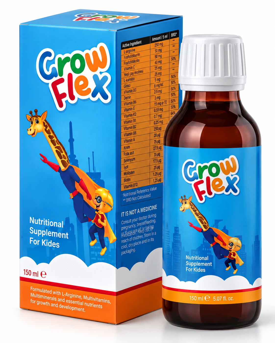 Grow Flex Şurup kutusu ve şişesi